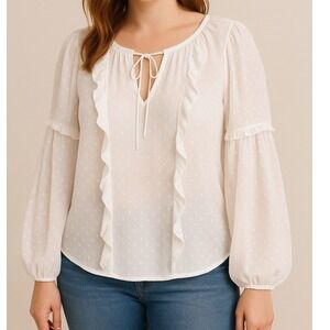 Express White Sheer Swiss Size S Dot Ruffle Blouse Long‎ Sleeve Boho